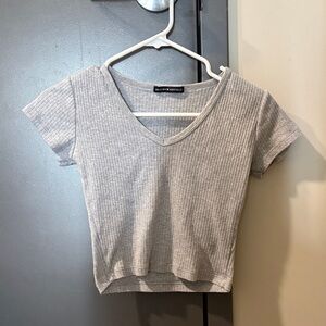 Brandy Melville Light Gray Ribbed V-Neck Crop Top